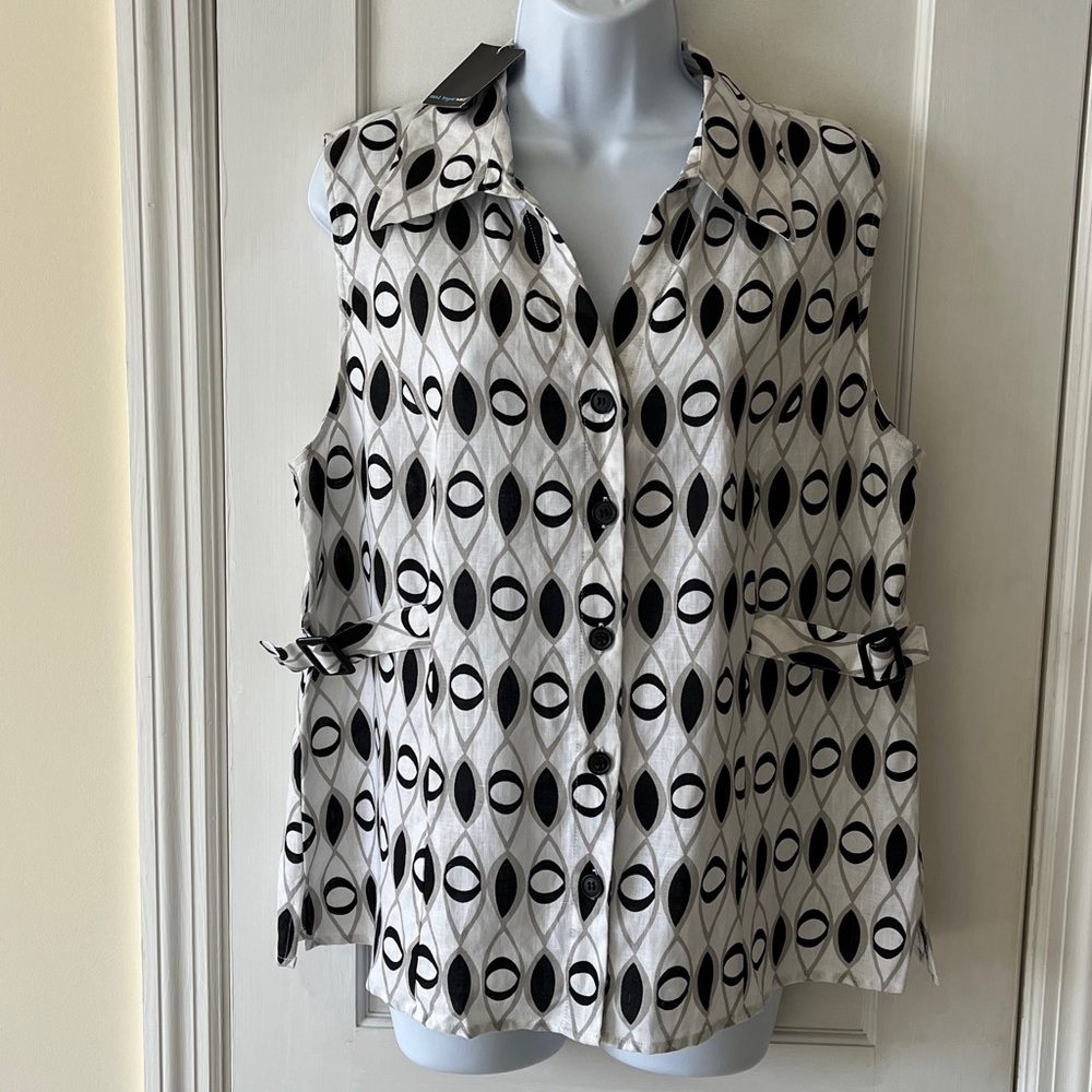 NWT Saint Tropez West Linen Top‎ Sleeveless Women’s XL Print Collar Adjustable